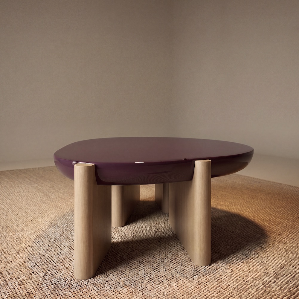 mürdüm lake özel üretim sehpa, açık meşe özel ölçü coffee table, silindirik ayaklı sipariş mobilya sehpa, organik tablalı ısmarlama mobilya, modern lüks salon sehpası