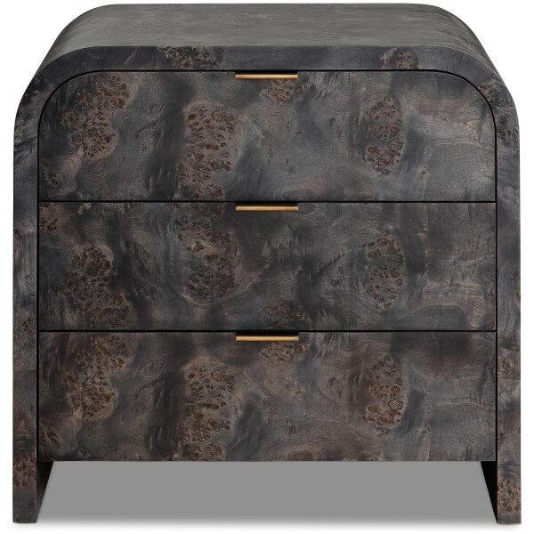 burl wood luxury komodin, contemporary curved nightstand, pirinc detayli modern komodin, ozel uretim designer bedside table, koyu ahsap luxury bedroom furniture