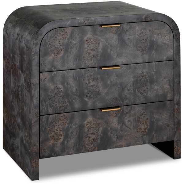 burl wood luxury komodin, contemporary curved nightstand, pirinc detayli modern komodin, ozel uretim designer bedside table, koyu ahsap luxury bedroom furniture