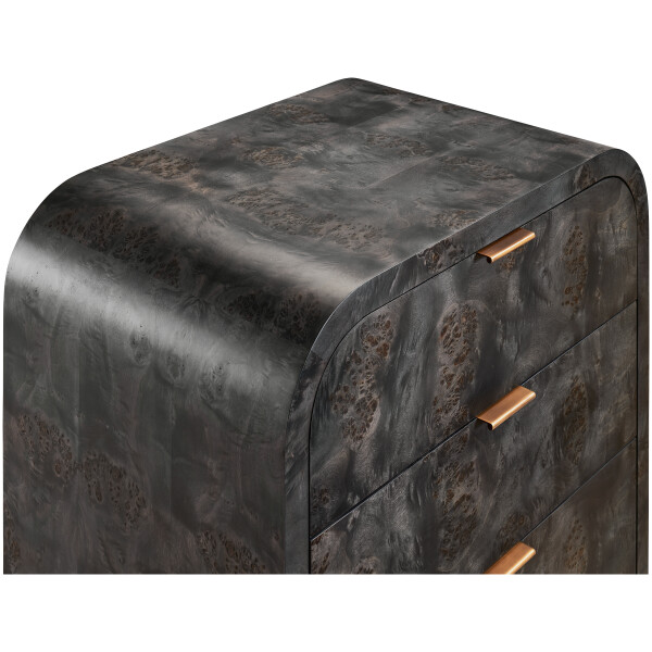 burl wood luxury komodin, contemporary curved nightstand, pirinc detayli modern komodin, ozel uretim designer bedside table, koyu ahsap luxury bedroom furniture