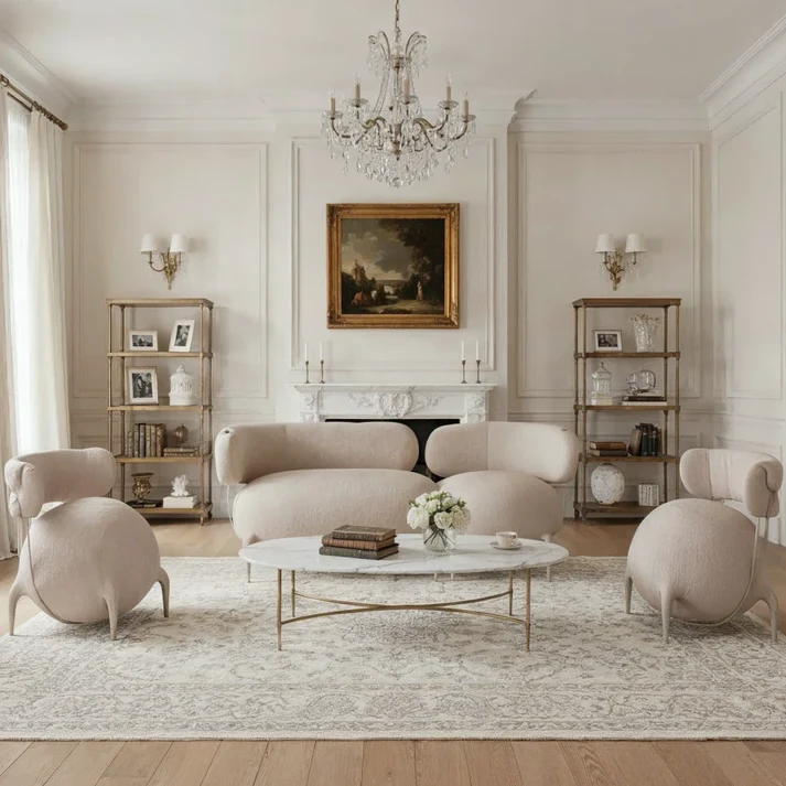 organik formlu boucle koltuk, heykelsi contemporary sofa, özel üretim collectible design koltuk, biyomorfik lounge kanepe, modern luxury organik oturma grubu