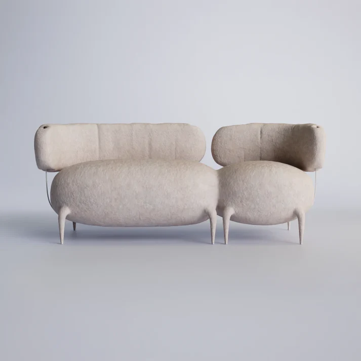 organik formlu boucle koltuk, heykelsi contemporary sofa, özel üretim collectible design koltuk, biyomorfik lounge kanepe, modern luxury organik oturma grubu