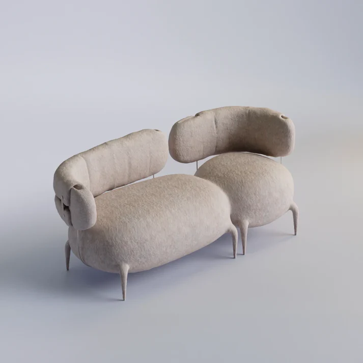 organik formlu boucle koltuk, heykelsi contemporary sofa, özel üretim collectible design koltuk, biyomorfik lounge kanepe, modern luxury organik oturma grubu