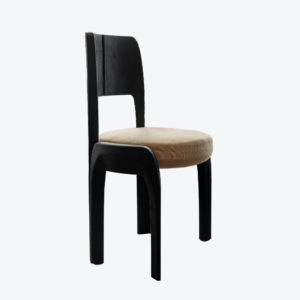 siyah meşe modern sandalye, minimal contemporary dining chair, özel üretim organik sandalye, sculptural ahşap yemek sandalyesi, soft brutalist tasarım chair