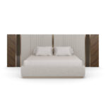 krem boucle özel üretim karyola, ceviz yan panelli özel ölçü yatak başı, dikey fitilli sipariş mobilya karyola, bronz şerit detaylı ısmarlama mobilya yatak, luxury master bedroom karyola