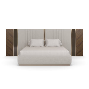 krem boucle özel üretim karyola, ceviz yan panelli özel ölçü yatak başı, dikey fitilli sipariş mobilya karyola, bronz şerit detaylı ısmarlama mobilya yatak, luxury master bedroom karyola
