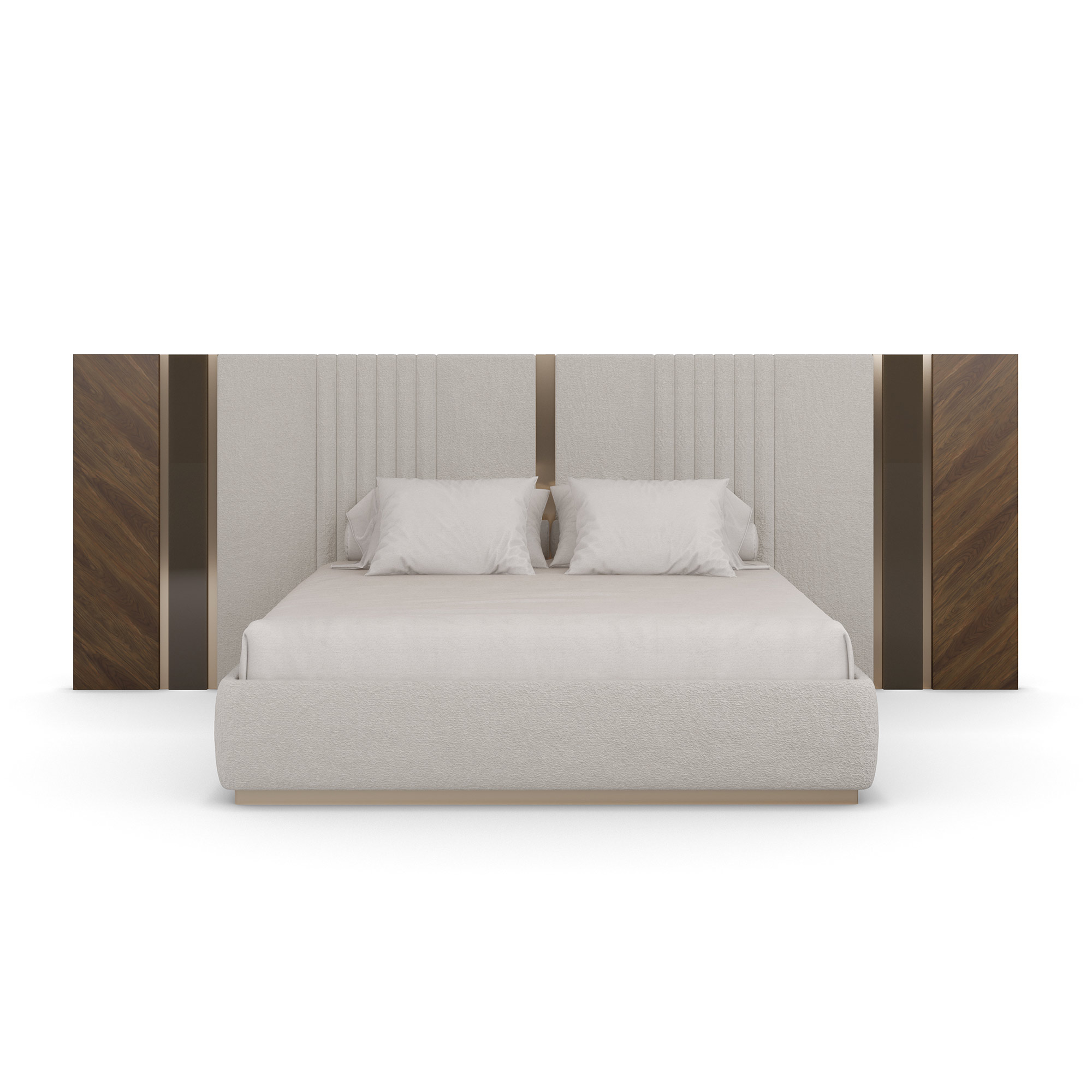 krem boucle özel üretim karyola, ceviz yan panelli özel ölçü yatak başı, dikey fitilli sipariş mobilya karyola, bronz şerit detaylı ısmarlama mobilya yatak, luxury master bedroom karyola