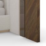 krem boucle özel üretim karyola, ceviz yan panelli özel ölçü yatak başı, dikey fitilli sipariş mobilya karyola, bronz şerit detaylı ısmarlama mobilya yatak, luxury master bedroom karyola