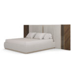 krem boucle özel üretim karyola, ceviz yan panelli özel ölçü yatak başı, dikey fitilli sipariş mobilya karyola, bronz şerit detaylı ısmarlama mobilya yatak, luxury master bedroom karyola