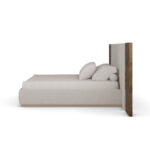 krem boucle özel üretim karyola, ceviz yan panelli özel ölçü yatak başı, dikey fitilli sipariş mobilya karyola, bronz şerit detaylı ısmarlama mobilya yatak, luxury master bedroom karyola