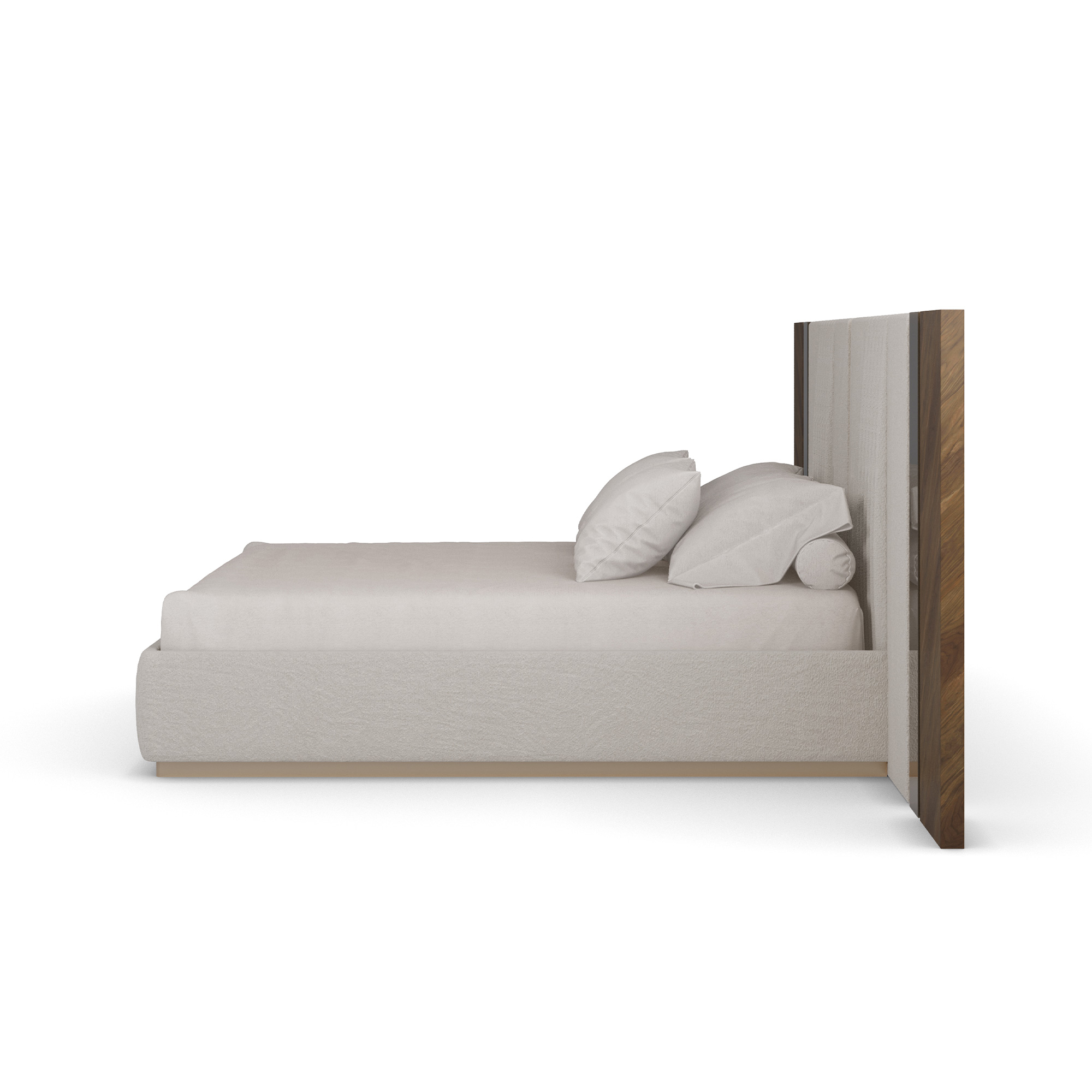 krem boucle özel üretim karyola, ceviz yan panelli özel ölçü yatak başı, dikey fitilli sipariş mobilya karyola, bronz şerit detaylı ısmarlama mobilya yatak, luxury master bedroom karyola