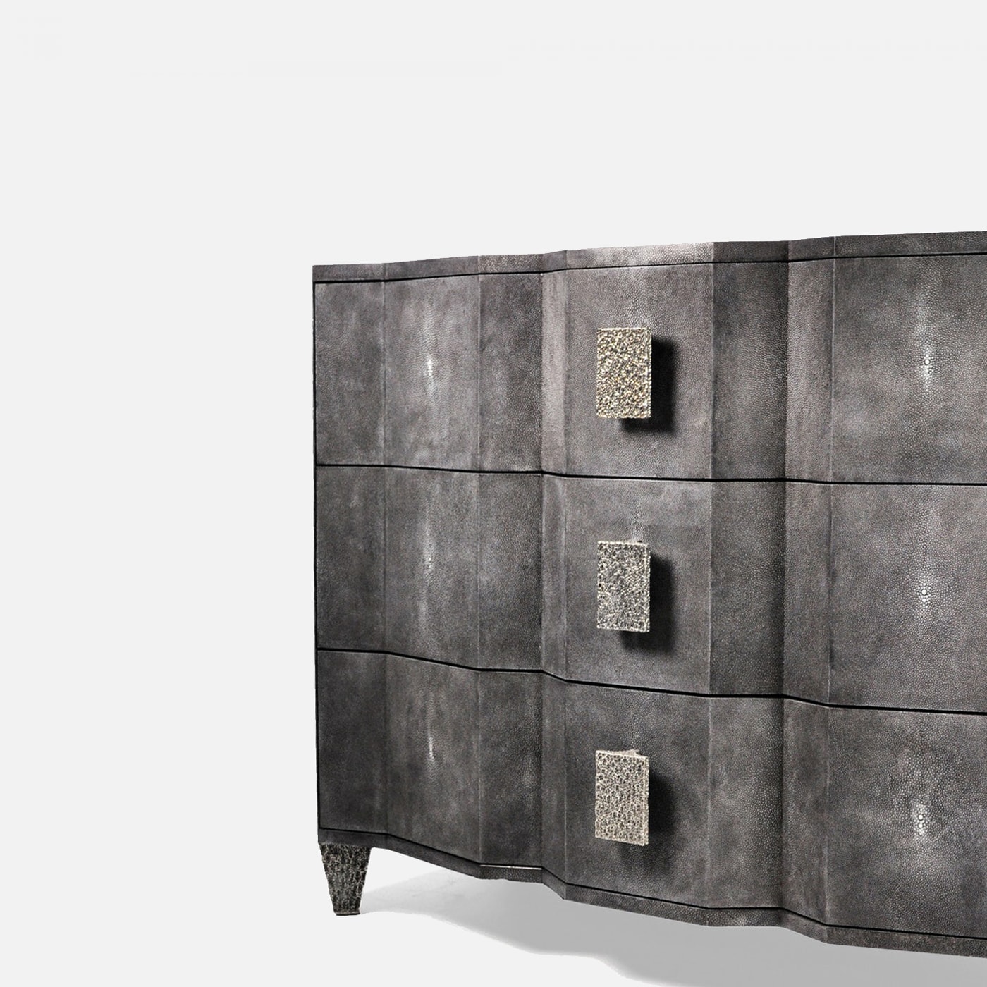 gri dokulu özel üretim şifonyer, dalgalı cepheli özel ölçü dresser, metal kulplu sipariş mobilya şifonyer, konik ayaklı ısmarlama mobilya depolama ünitesi, art deco luxury yatak odası şifonyeri