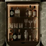 özel üretim luxury bar dolabı, collectible design içki dolabı, ceviz contemporary bar cabinet, led aydınlatmalı premium bar ünitesi, bulut desenli heykelsi bar dolabı