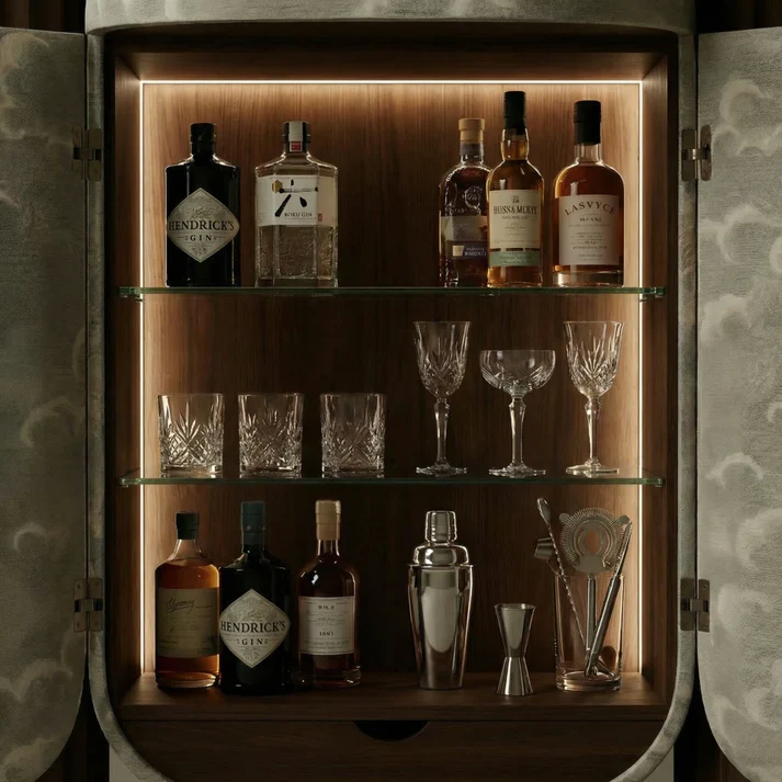 özel üretim luxury bar dolabı, collectible design içki dolabı, ceviz contemporary bar cabinet, led aydınlatmalı premium bar ünitesi, bulut desenli heykelsi bar dolabı