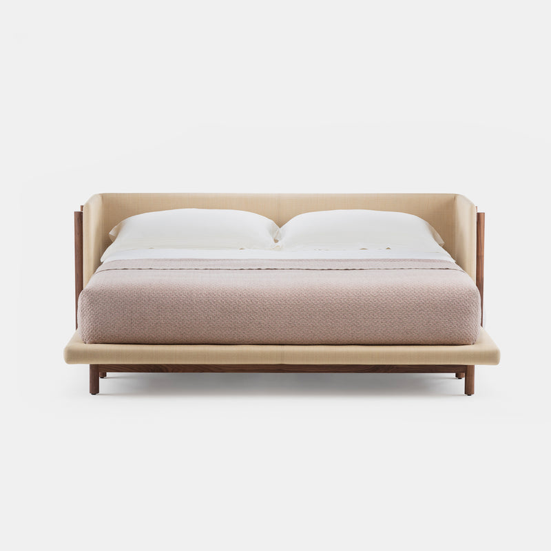 contemporary platform karyola, ozel uretim dosemeli yatak, luxury ahsap karyola design, japandi modern bedroom furniture, upholstered contemporary bed