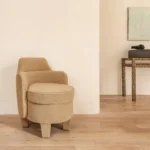 modern lounge koltuk, organik formlu contemporary chair, özel üretim minimal koltuk, keten dokulu sculptural lounge chair, butik otel tarzı tasarım koltuk