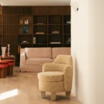 modern lounge koltuk, organik formlu contemporary chair, özel üretim minimal koltuk, keten dokulu sculptural lounge chair, butik otel tarzı tasarım koltuk
