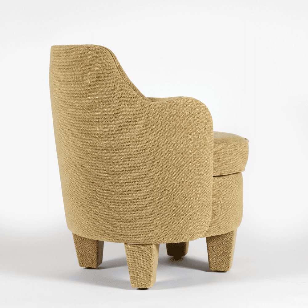 modern lounge koltuk, organik formlu contemporary chair, özel üretim minimal koltuk, keten dokulu sculptural lounge chair, butik otel tarzı tasarım koltuk