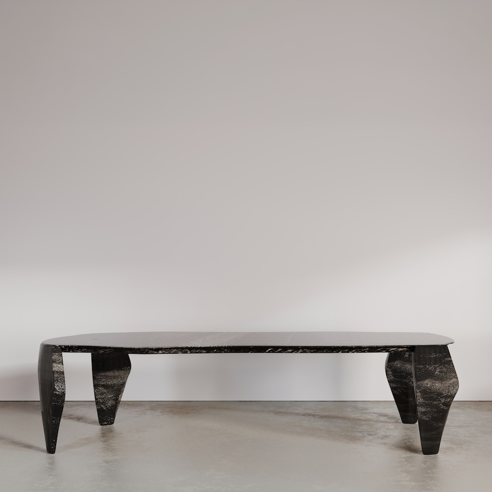 siyah dumanlı ahşap özel üretim masa, heykelsi ayaklı özel ölçü yemek masası, organik tablalı sipariş mobilya masa, kanat ayaklı ısmarlama mobilya tasarımı, modern lüks siyah dining table