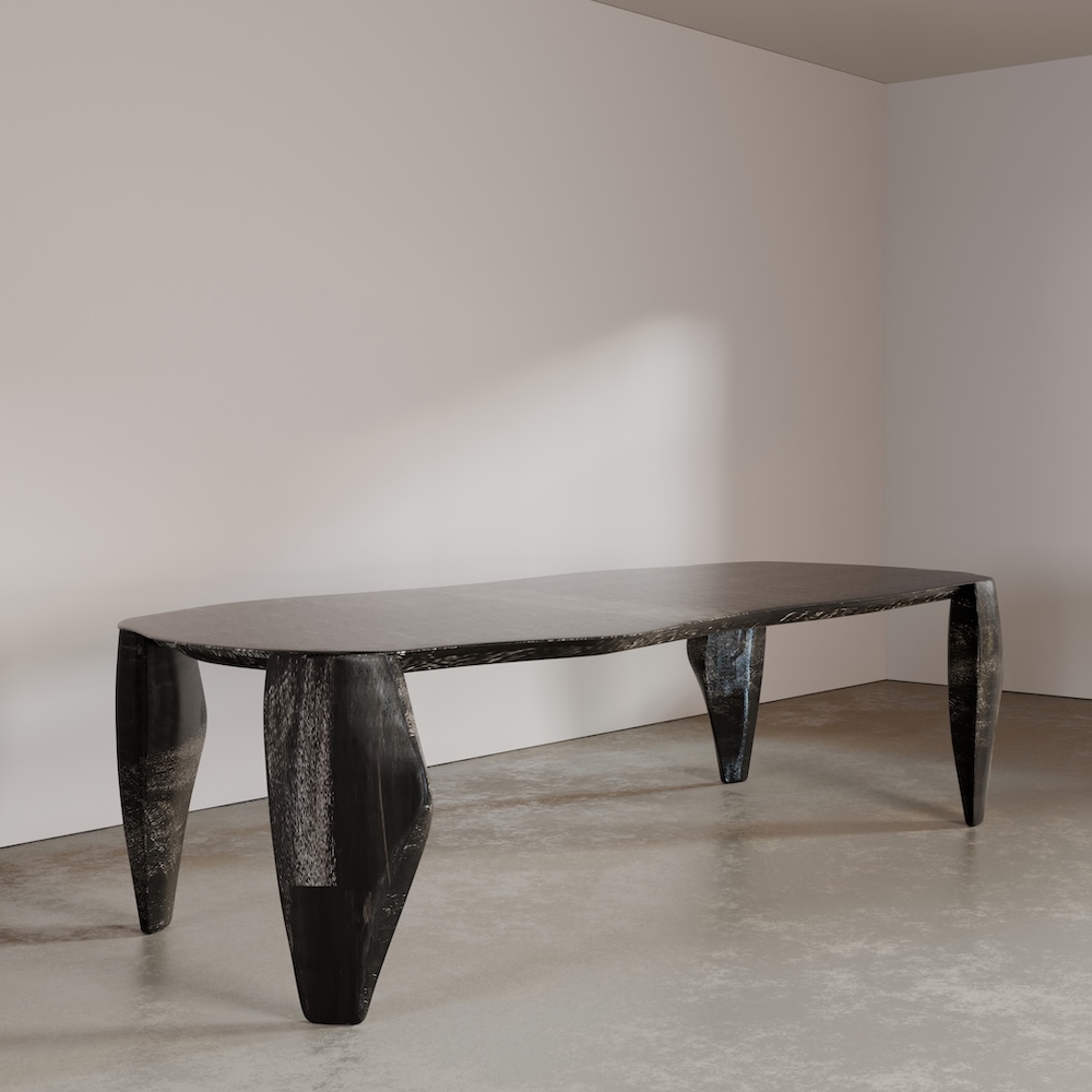 siyah dumanlı ahşap özel üretim masa, heykelsi ayaklı özel ölçü yemek masası, organik tablalı sipariş mobilya masa, kanat ayaklı ısmarlama mobilya tasarımı, modern lüks siyah dining table