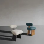 organik modern sandalye, boucle contemporary dining chair, özel üretim sculptural sandalye, masif ahşap tasarım chair, collectible artisan yemek sandalyesi