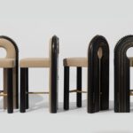 siyah kemer sırtlı özel üretim bar sandalyesi, taba deri özel ölçü luxury bar chair, pirinç zımbalı sipariş mobilya tabure, yuvarlak sırt boşluklu ısmarlama mobilya, Art Deco tarzı lüks bar sandalyesi