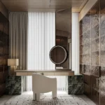 krem boucle özel üretim koltuk, kavisli sırtlı özel ölçü lounge koltuk, blok kol formlu sipariş mobilya, katmanlı oturumlu ısmarlama mobilya koltuk, soft luxury tekli koltuk tasarımı