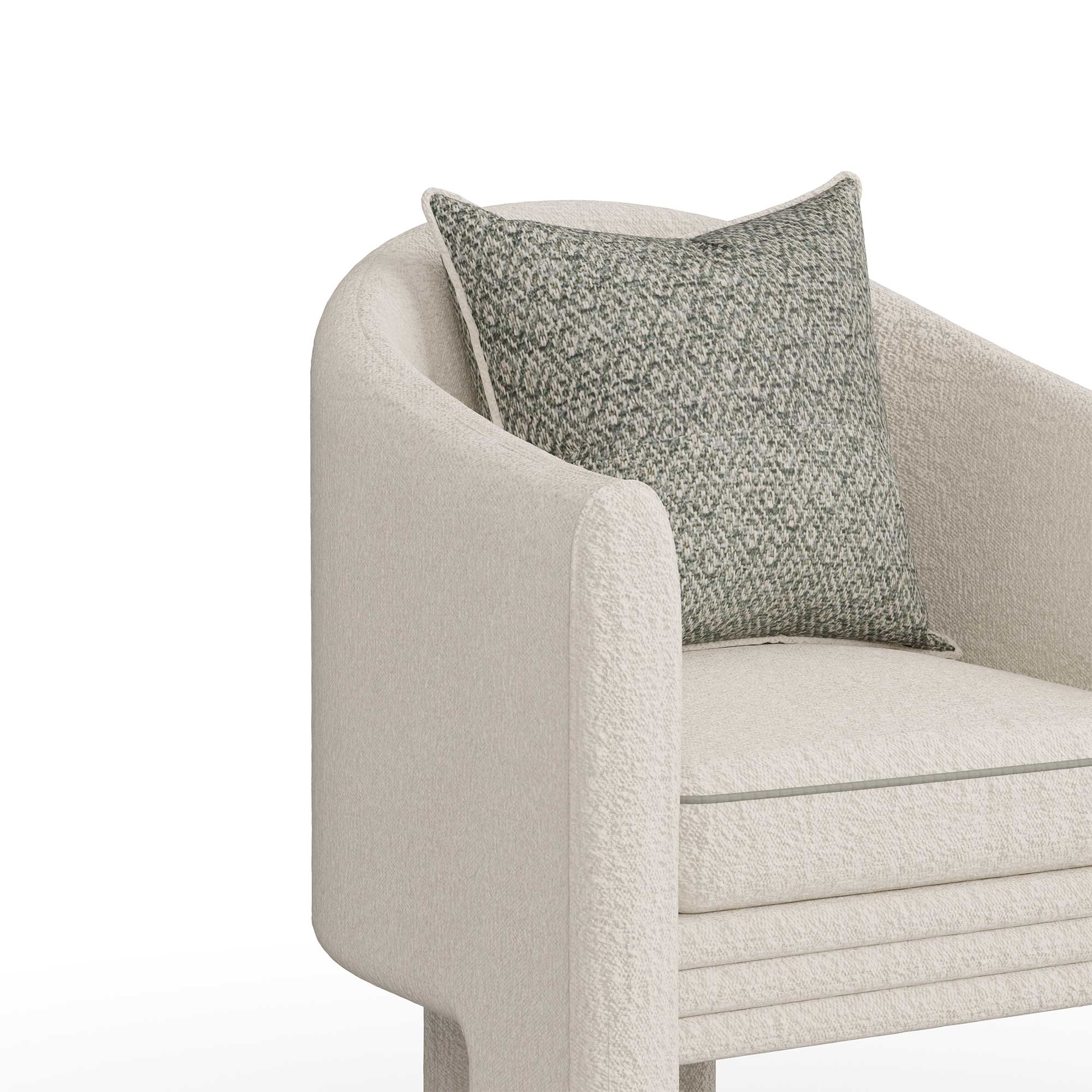 krem boucle özel üretim koltuk, kavisli sırtlı özel ölçü lounge koltuk, blok kol formlu sipariş mobilya, katmanlı oturumlu ısmarlama mobilya koltuk, soft luxury tekli koltuk tasarımı
