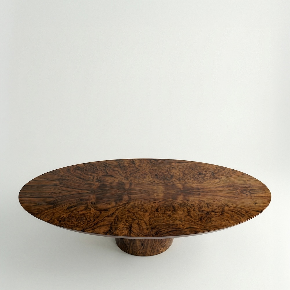 ceviz kök kaplama özel üretim masa, oval tablalı özel ölçü yemek masası, silindirik orta ayaklı sipariş mobilya, parlak cilalı ısmarlama mobilya masa, doğal damar desenli modern dining table