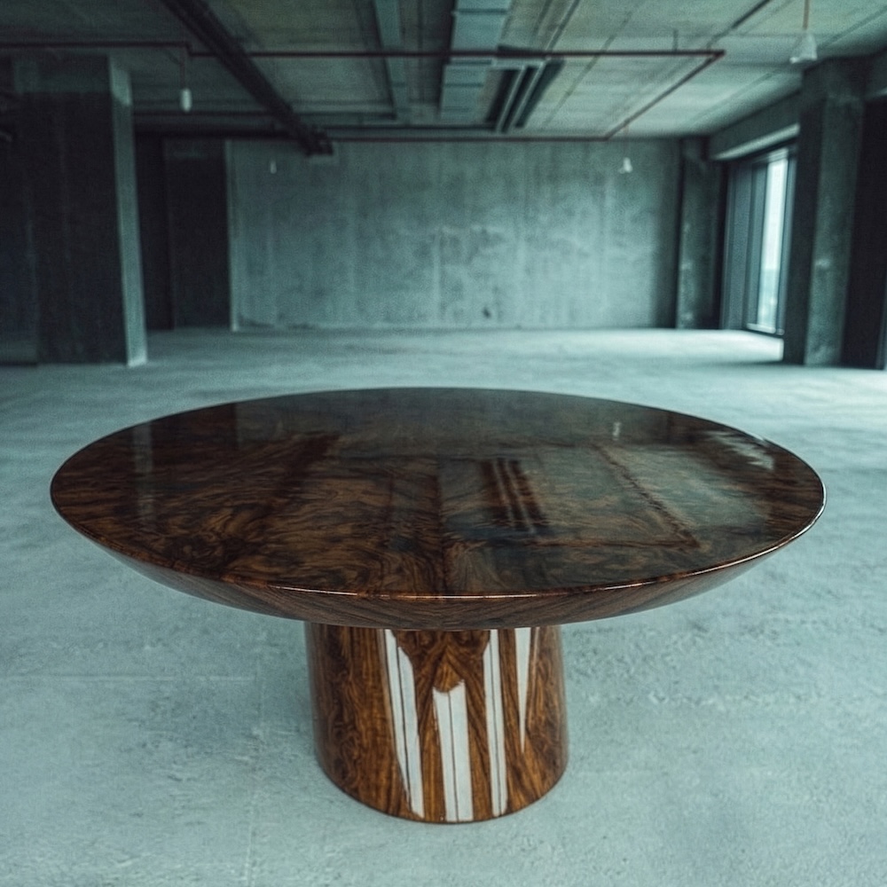 ceviz kök kaplama özel üretim masa, oval tablalı özel ölçü yemek masası, silindirik orta ayaklı sipariş mobilya, parlak cilalı ısmarlama mobilya masa, doğal damar desenli modern dining table