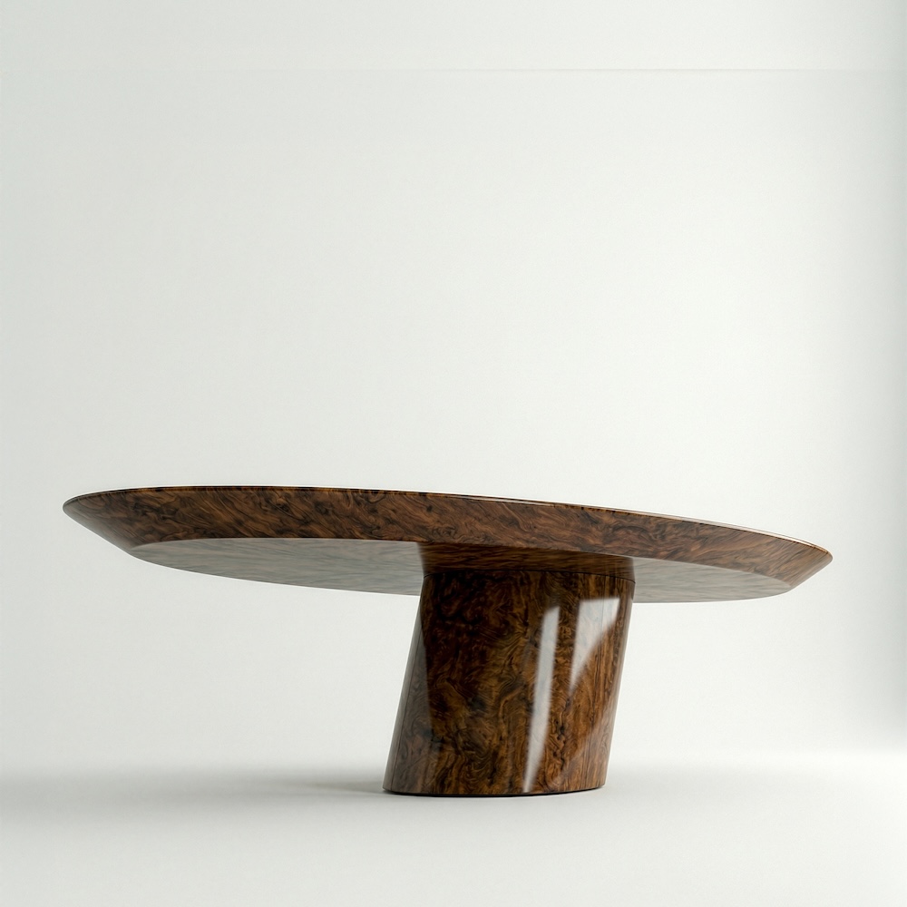 ceviz kök kaplama özel üretim masa, oval tablalı özel ölçü yemek masası, silindirik orta ayaklı sipariş mobilya, parlak cilalı ısmarlama mobilya masa, doğal damar desenli modern dining table