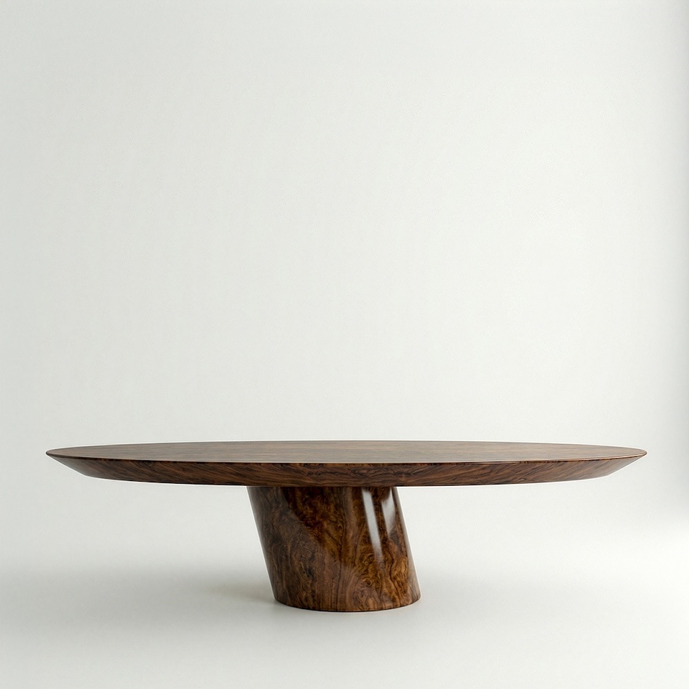 ceviz kök kaplama özel üretim masa, oval tablalı özel ölçü yemek masası, silindirik orta ayaklı sipariş mobilya, parlak cilalı ısmarlama mobilya masa, doğal damar desenli modern dining table