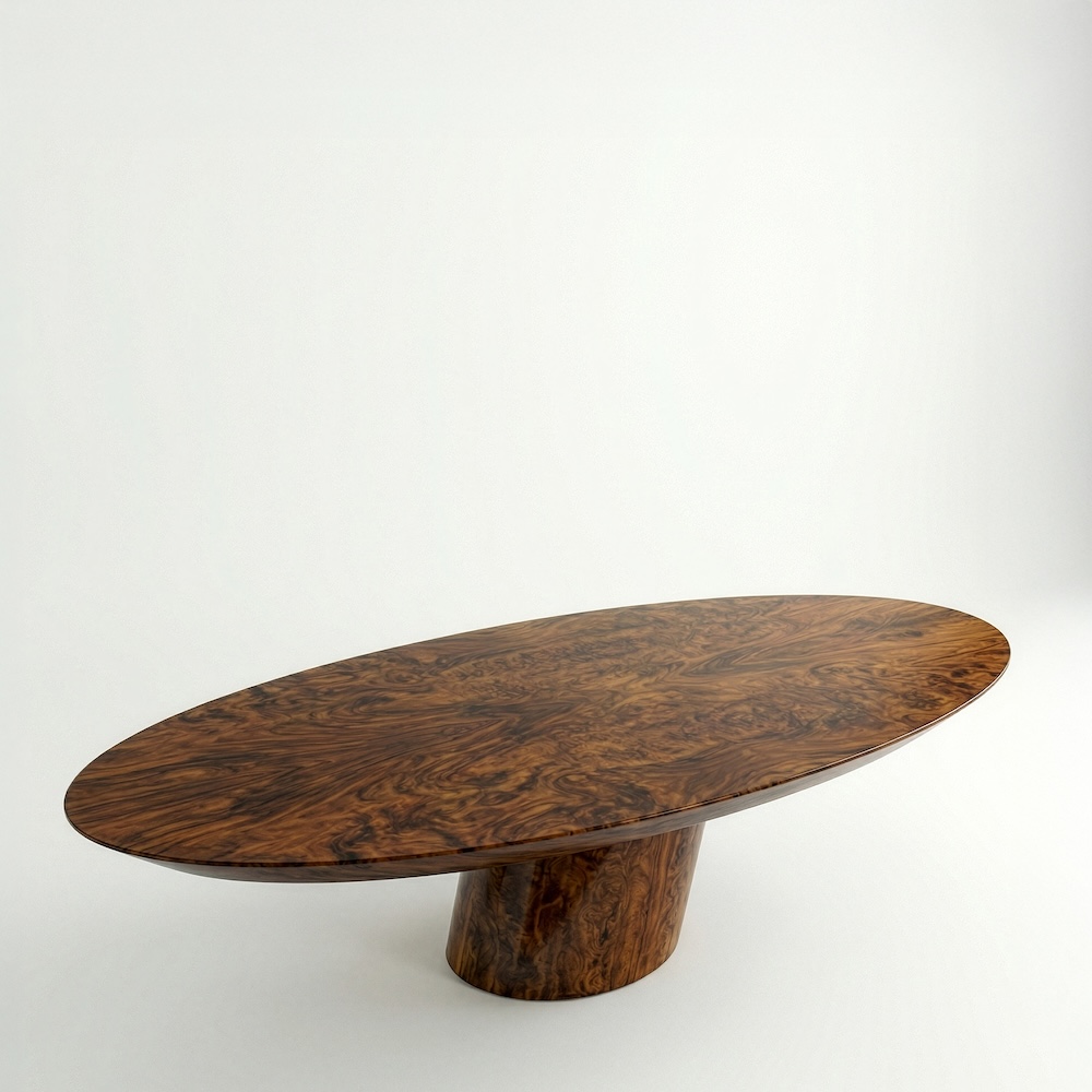 ceviz kök kaplama özel üretim masa, oval tablalı özel ölçü yemek masası, silindirik orta ayaklı sipariş mobilya, parlak cilalı ısmarlama mobilya masa, doğal damar desenli modern dining table
