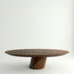 ceviz kök kaplama özel üretim masa, oval tablalı özel ölçü yemek masası, silindirik orta ayaklı sipariş mobilya, parlak cilalı ısmarlama mobilya masa, doğal damar desenli modern dining table