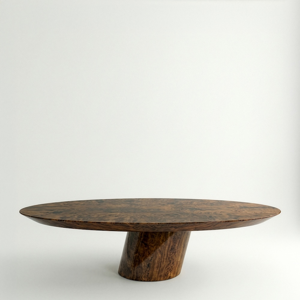 ceviz kök kaplama özel üretim masa, oval tablalı özel ölçü yemek masası, silindirik orta ayaklı sipariş mobilya, parlak cilalı ısmarlama mobilya masa, doğal damar desenli modern dining table