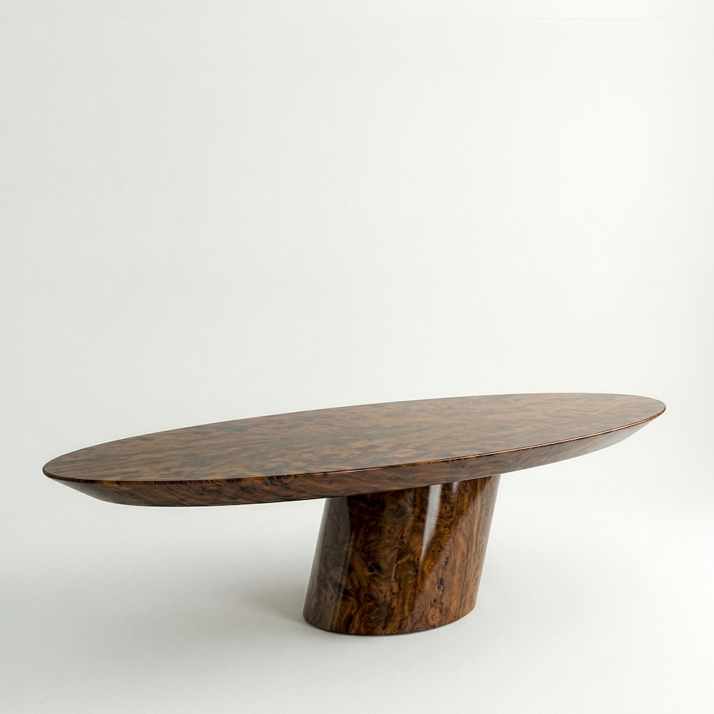 ceviz kök kaplama özel üretim masa, oval tablalı özel ölçü yemek masası, silindirik orta ayaklı sipariş mobilya, parlak cilalı ısmarlama mobilya masa, doğal damar desenli modern dining table