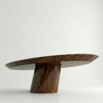 ceviz kök kaplama özel üretim masa, oval tablalı özel ölçü yemek masası, silindirik orta ayaklı sipariş mobilya, parlak cilalı ısmarlama mobilya masa, doğal damar desenli modern dining table