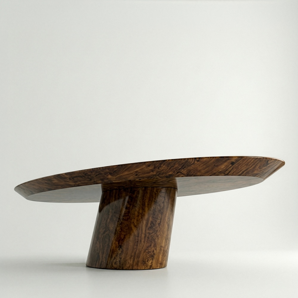 ceviz kök kaplama özel üretim masa, oval tablalı özel ölçü yemek masası, silindirik orta ayaklı sipariş mobilya, parlak cilalı ısmarlama mobilya masa, doğal damar desenli modern dining table