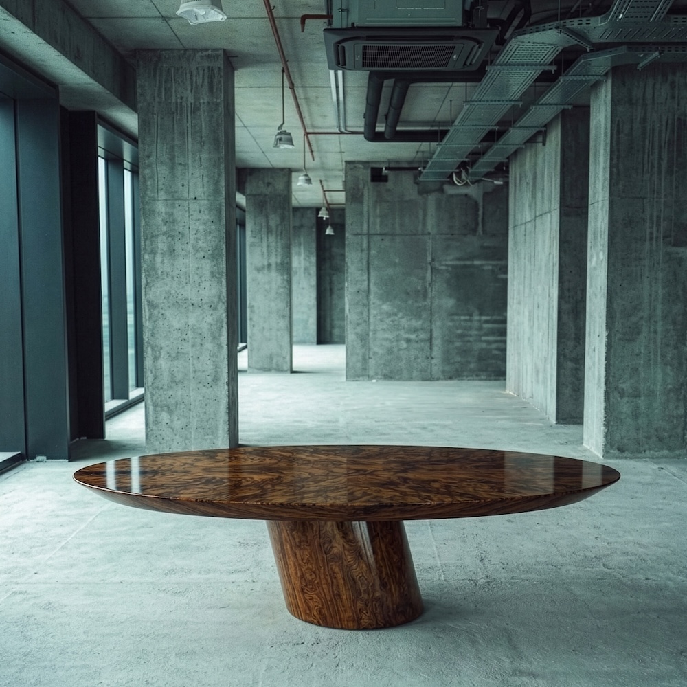 ceviz kök kaplama özel üretim masa, oval tablalı özel ölçü yemek masası, silindirik orta ayaklı sipariş mobilya, parlak cilalı ısmarlama mobilya masa, doğal damar desenli modern dining table