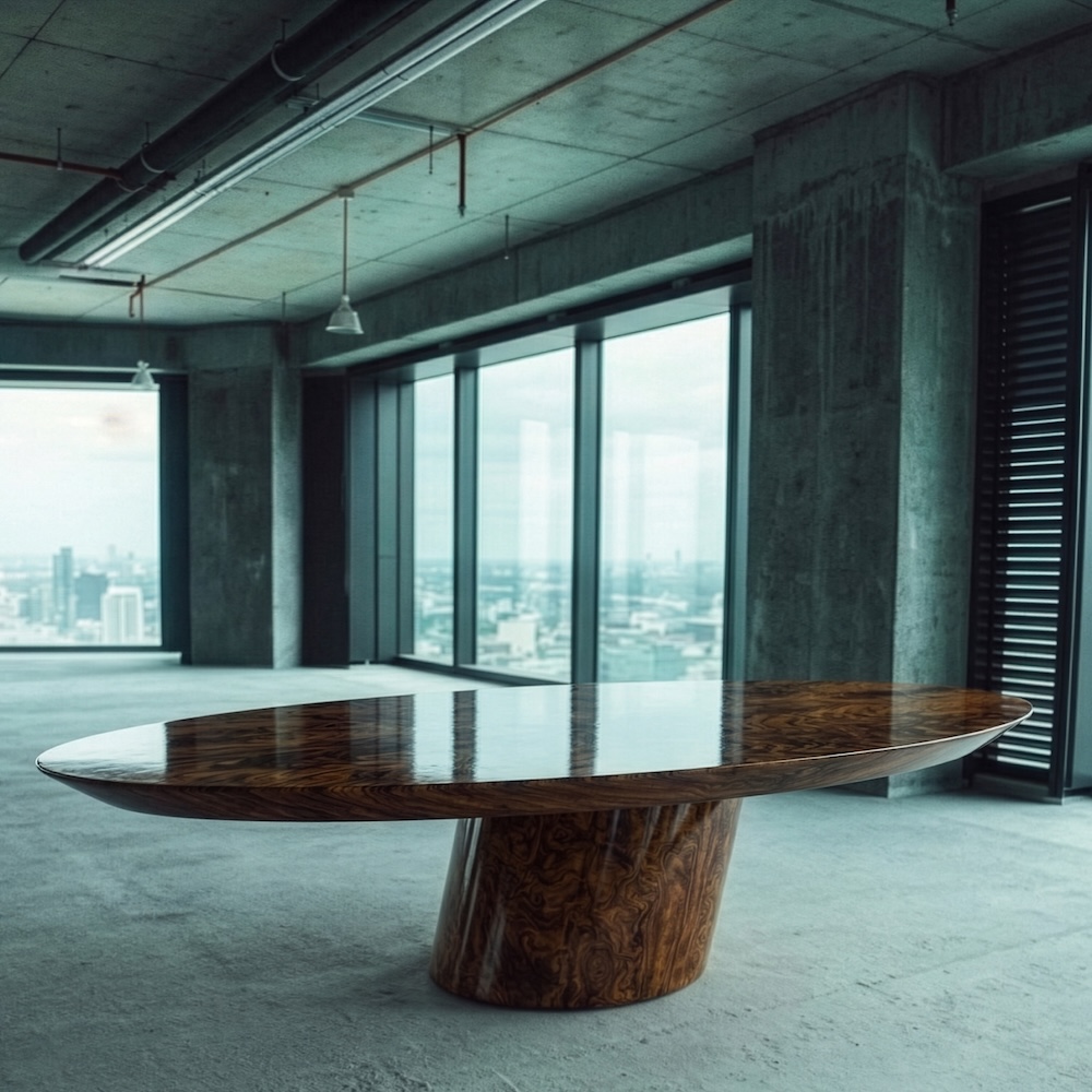 ceviz kök kaplama özel üretim masa, oval tablalı özel ölçü yemek masası, silindirik orta ayaklı sipariş mobilya, parlak cilalı ısmarlama mobilya masa, doğal damar desenli modern dining table