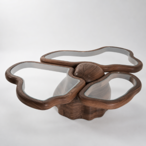 organik formlu orta sehpa, cam detaylı contemporary coffee table, masif ceviz tasarım sehpa, özel üretim heykelsi orta sehpa, luxury modern salon sehpası