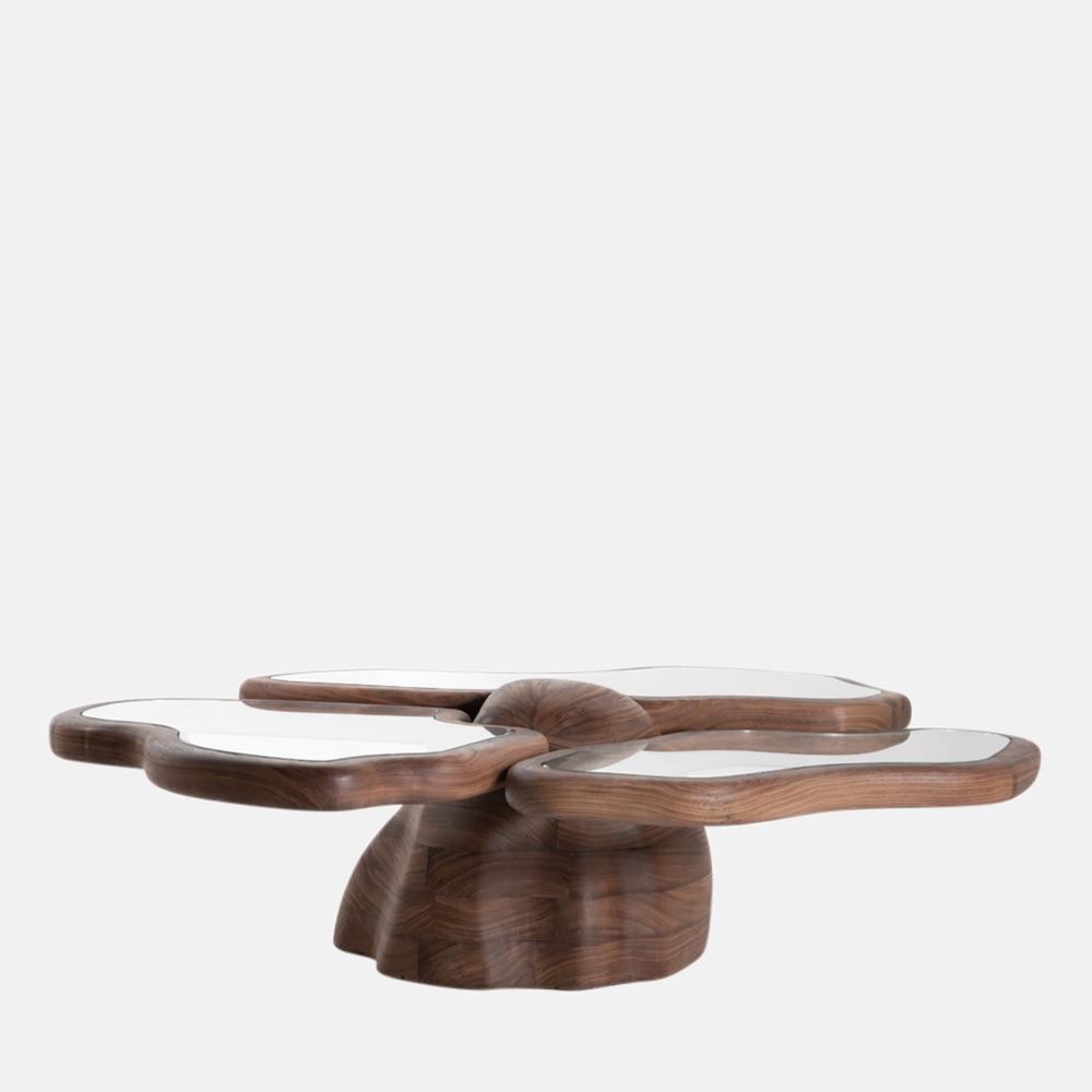 organik formlu orta sehpa, cam detaylı contemporary coffee table, masif ceviz tasarım sehpa, özel üretim heykelsi orta sehpa, luxury modern salon sehpası