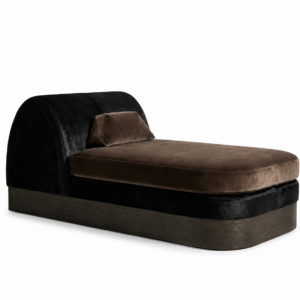 siyah kadife özel üretim daybed, kahverengi nubuk özel ölçü lounge bed, kavisli başlıklı sipariş mobilya daybed, koyu ahşap bazalı ısmarlama mobilya, luxury lounge daybed tasarımı