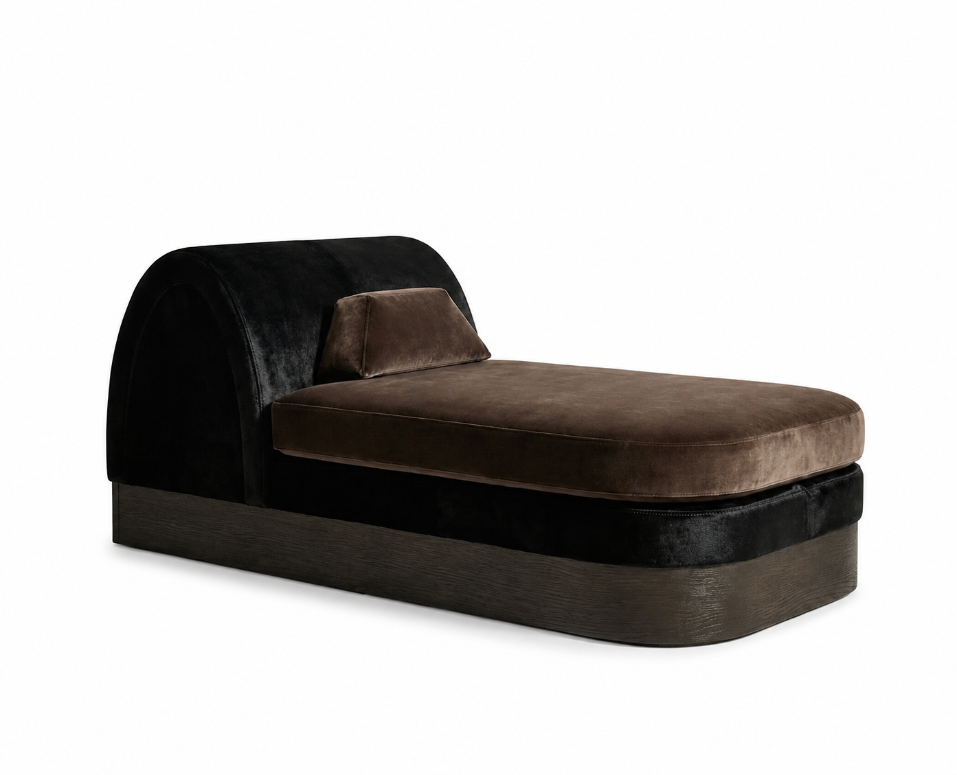 siyah kadife özel üretim daybed, kahverengi nubuk özel ölçü lounge bed, kavisli başlıklı sipariş mobilya daybed, koyu ahşap bazalı ısmarlama mobilya, luxury lounge daybed tasarımı