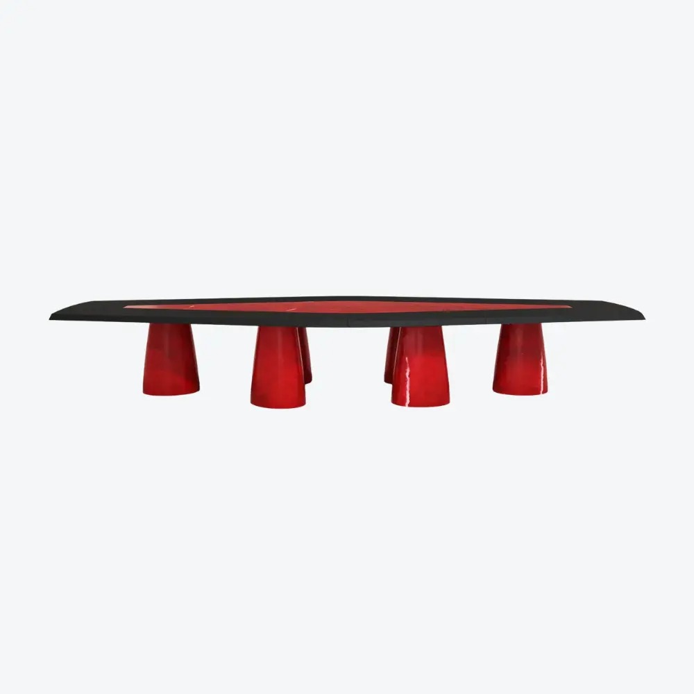 kırmızı sırlı seramik detaylı özel üretim yemek masası, siyah lake özel ölçü 12 kişilik dining table, konik seramik ayaklı sipariş mobilya masa, seramik üzeri sır uygulamalı ısmarlama mobilya, lüks büyük yemek odası masası