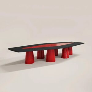 kırmızı sırlı seramik detaylı özel üretim yemek masası, siyah lake özel ölçü 12 kişilik dining table, konik seramik ayaklı sipariş mobilya masa, seramik üzeri sır uygulamalı ısmarlama mobilya, lüks büyük yemek odası masası