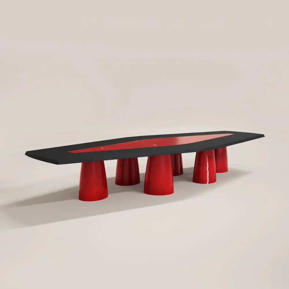 kırmızı sırlı seramik detaylı özel üretim yemek masası, siyah lake özel ölçü 12 kişilik dining table, konik seramik ayaklı sipariş mobilya masa, seramik üzeri sır uygulamalı ısmarlama mobilya, lüks büyük yemek odası masası