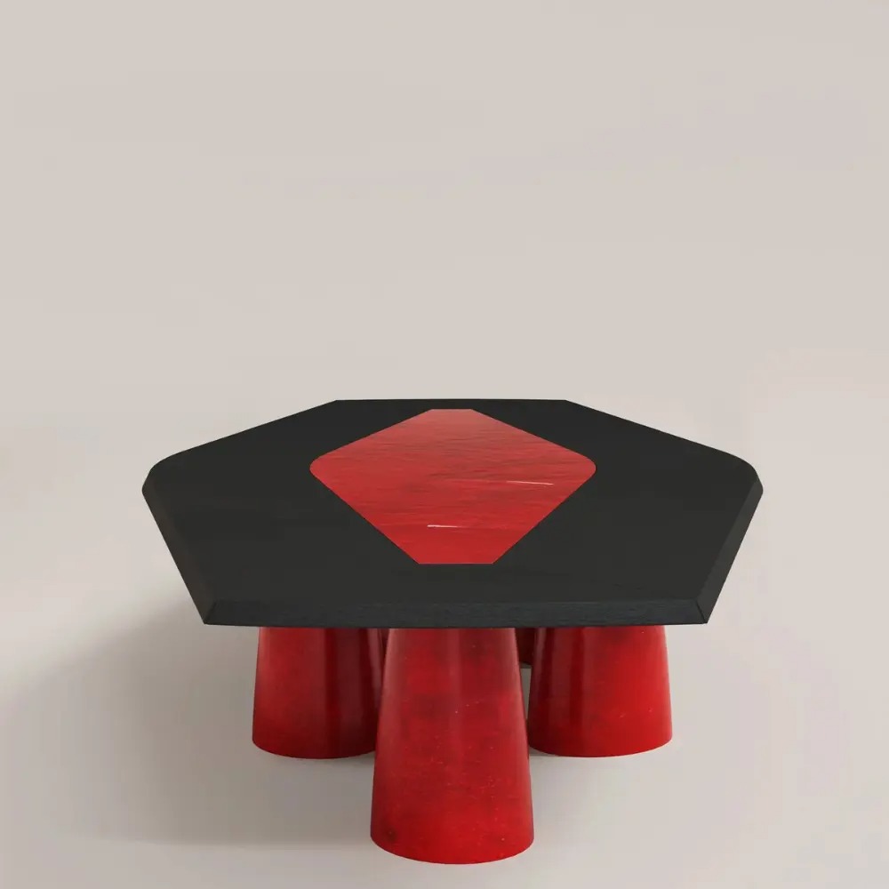 kırmızı sırlı seramik detaylı özel üretim yemek masası, siyah lake özel ölçü 12 kişilik dining table, konik seramik ayaklı sipariş mobilya masa, seramik üzeri sır uygulamalı ısmarlama mobilya, lüks büyük yemek odası masası