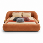 kavisli başlıklı modern karyola, pudra kadife luxury bed, özel üretim italyan tarzı yatak, entegre pirinç sehpali tasarım karyola, organik formlu contemporary yatak