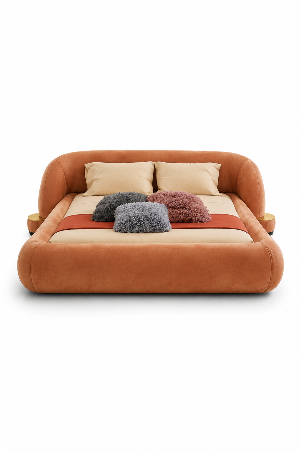 kavisli başlıklı modern karyola, pudra kadife luxury bed, özel üretim italyan tarzı yatak, entegre pirinç sehpali tasarım karyola, organik formlu contemporary yatak